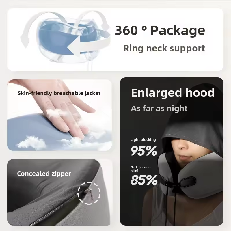 🛫 U-Shaped Travel Pillow with Hood – Memory Foam Neck Support